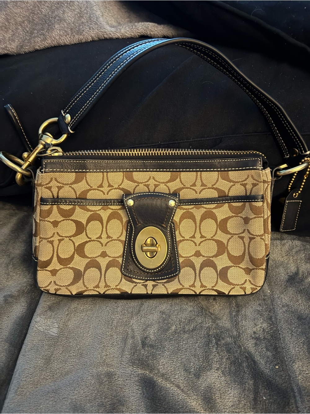 Coach Tan/Brown Signature Canvas Turnlock Shoulder Clutch